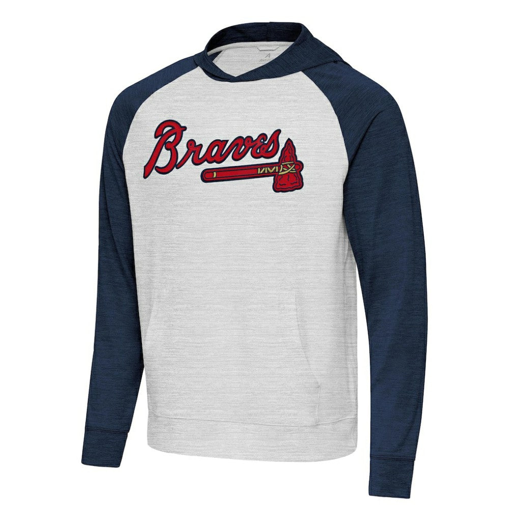 Atlanta Braves Antigua Urgent Pullover Hoodie - Heather Navy/Gray