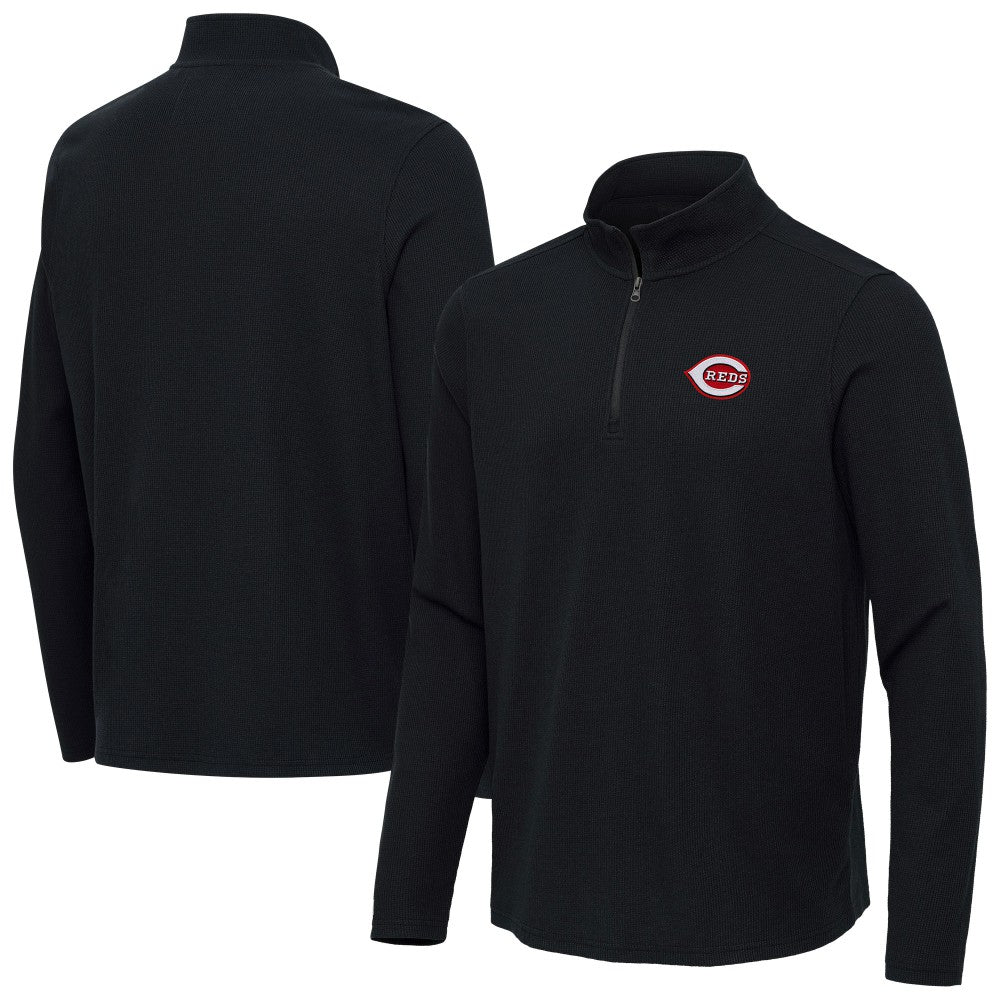 Cincinnati Reds Antigua Sync Tri-Blend Quarter-Zip Pullover - Heather Black