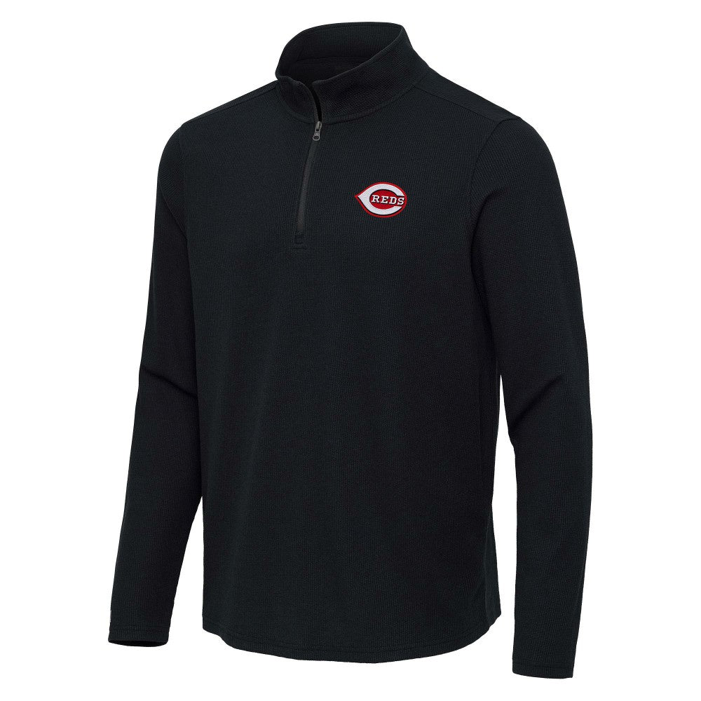 Cincinnati Reds Antigua Sync Tri-Blend Quarter-Zip Pullover - Heather Black