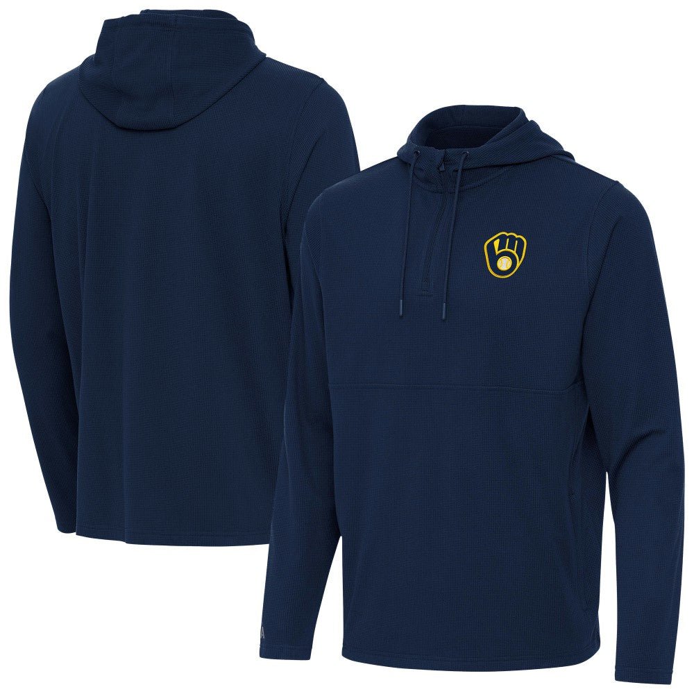 Milwaukee Brewers Antigua Connected Quarter-Zip Pullover Hoodie - Navy