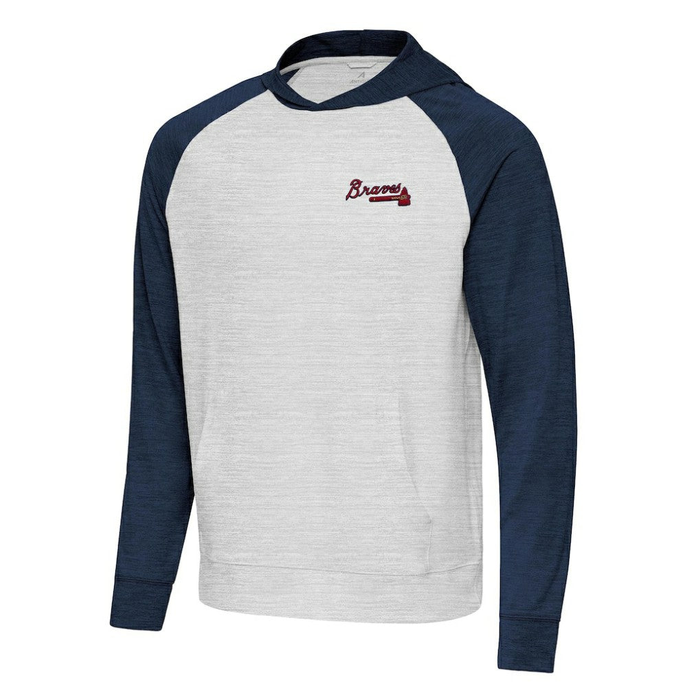 Atlanta Braves Antigua Urgent Pullover Hoodie - Heather Navy/Gray