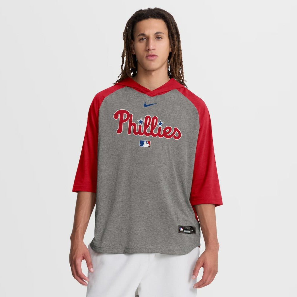 Philadelphia Phillies Authentic Collection Flux Dri-FIT Raglan 3/4-Sleeve Hooded T-Shirt - Gray | Nike