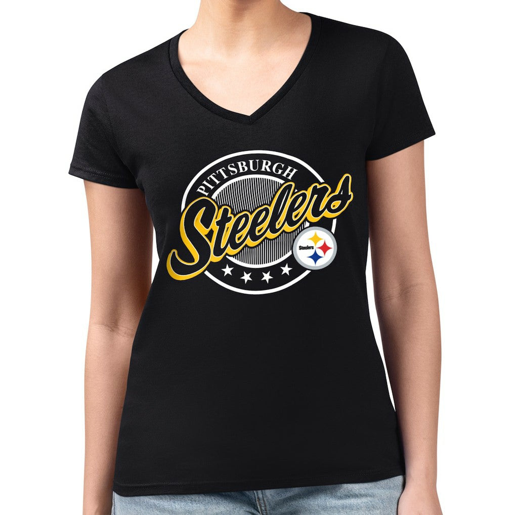 NFL Pittsburgh Steelers G-III 4Her by Carl Banks Women's Super-Slim Fit Lightweight Pinstripe Circle V-Neck T-Shirt