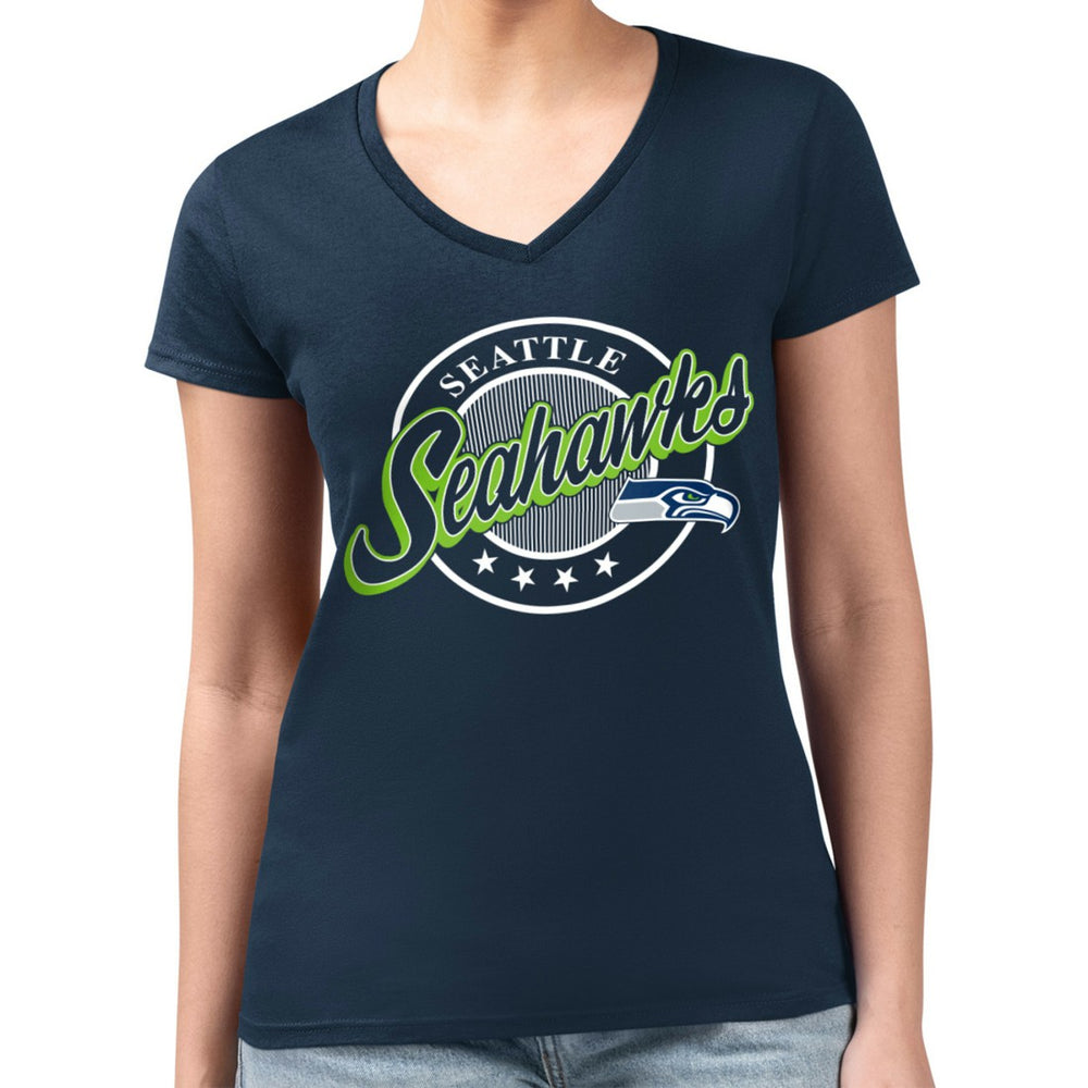 NFL Seattle Seahawks G-III 4Her by Carl Banks Women's Super-Slim Fit Lightweight Pinstripe Circle V-Neck T-Shirt
