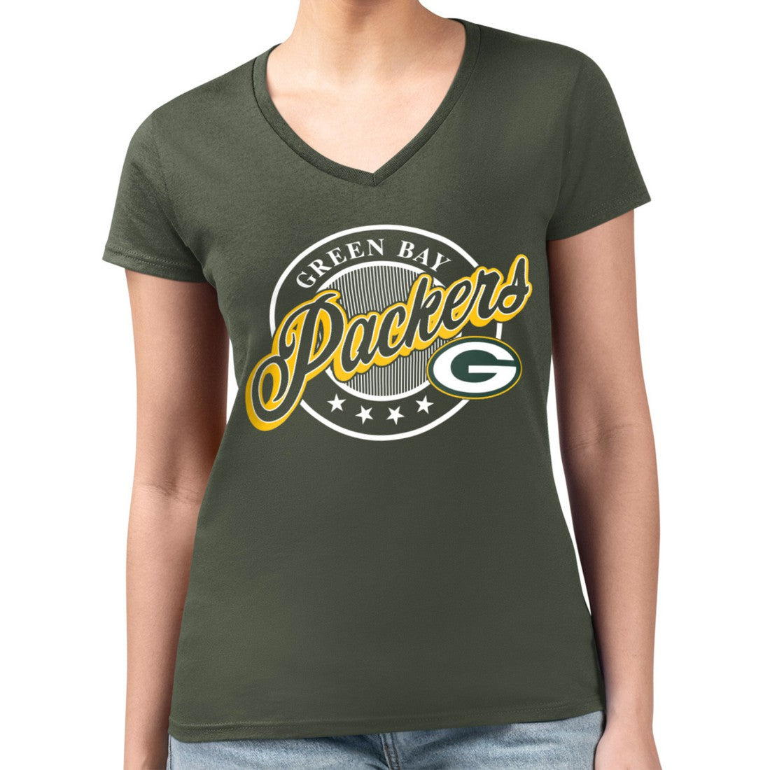 NFL Green Bay Packers G-III 4Her by Carl Banks Women's Super-Slim Fit Lightweight Pinstripe Circle V-Neck T-Shirt