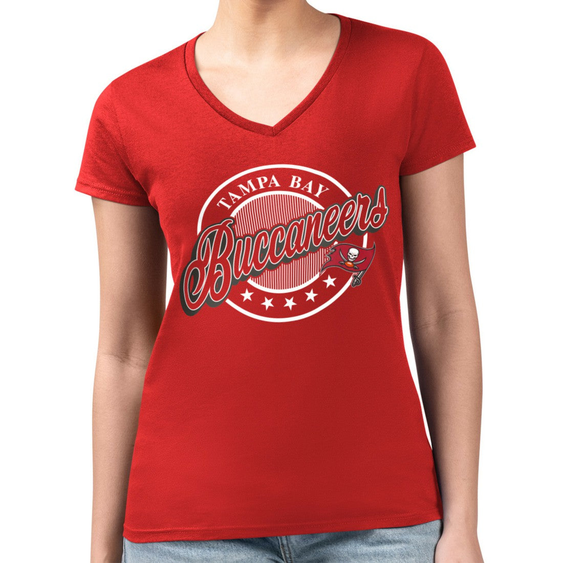 NFL Tampa Bay Buccaneers G-III 4Her by Carl Banks Women's Super-Slim Fit Lightweight Pinstripe Circle V-Neck T-Shirt