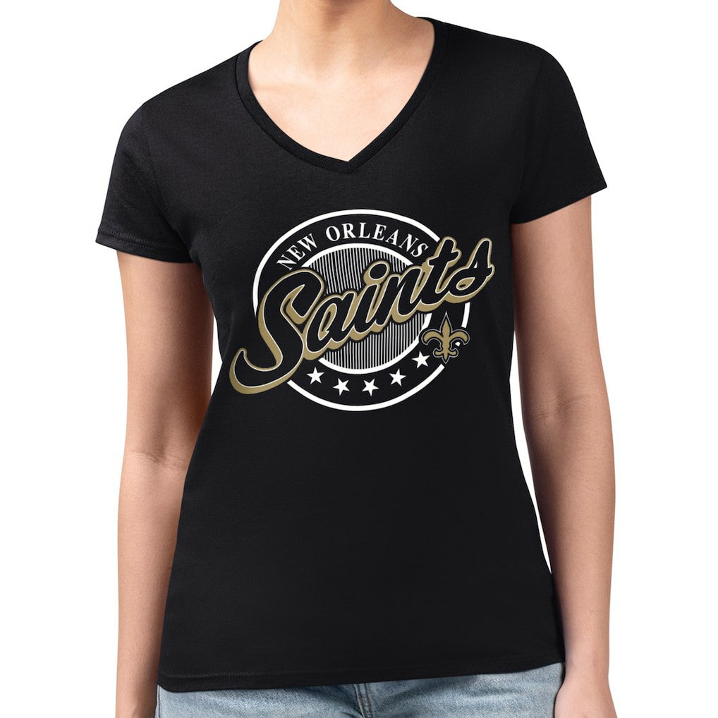 NFL New Orleans Saints G-III 4Her by Carl Banks Women's Super-Slim Fit Lightweight Pinstripe Circle V-Neck T-Shirt