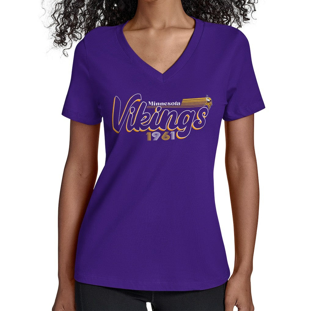 NFL Minnesota Vikings Starter Women's Groovy Script V-Neck T-Shirt