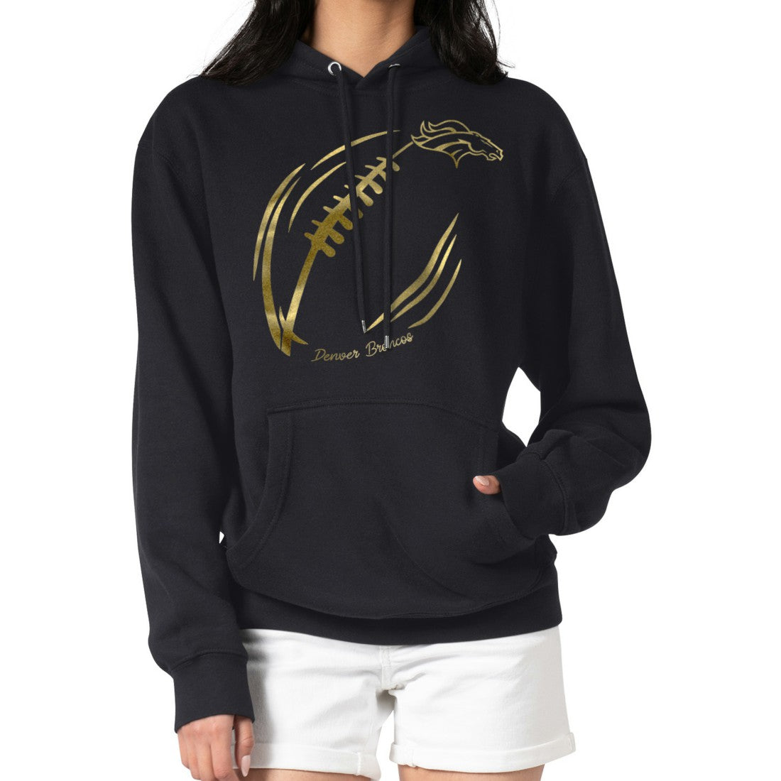 NFL Denver Broncos G-III 4Her by Carl Banks Women's Metallic Print Football Sketch Fleece Pullover Hoodie