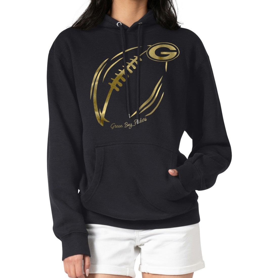 NFL Green Bay Packers G-III 4Her by Carl Banks Women's Metallic Print Football Sketch Fleece Pullover Hoodie