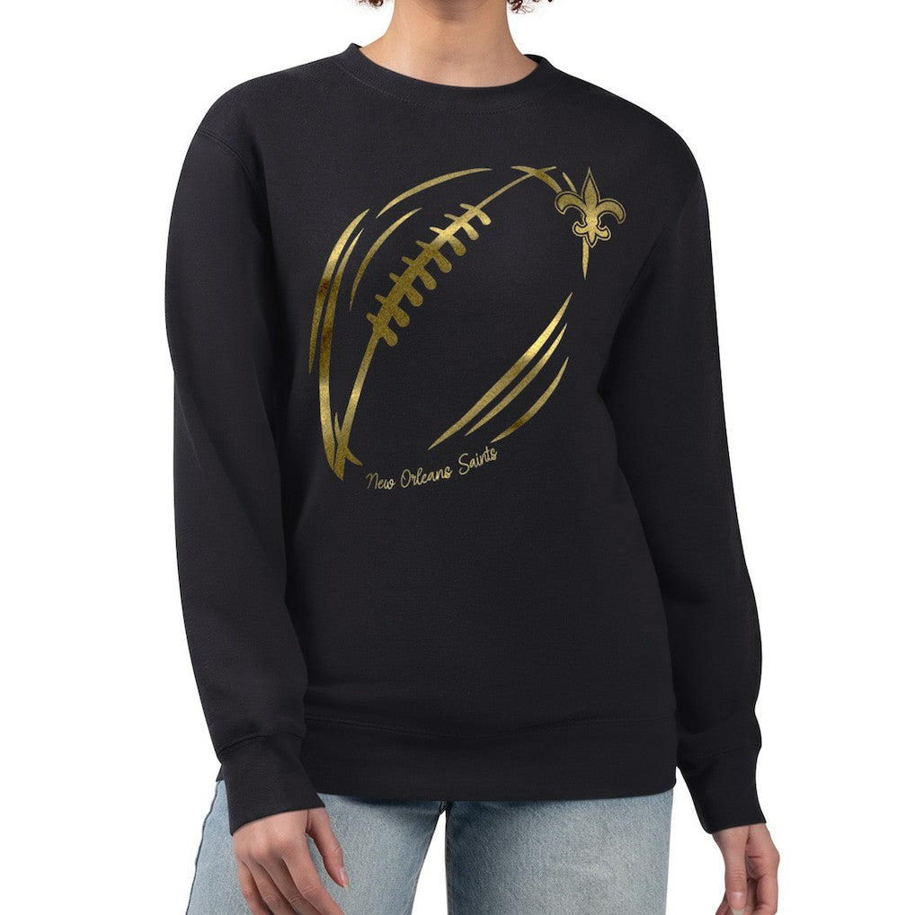 NFL New Orleans Saints G-III 4Her by Carl Banks Women's Metallic Print Football Sketch Fleece Crewneck Sweatshirt