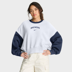 Milwaukee Brewers Women's Oversized High Hip Fleece Sweatshirt - White/Navy | Nike
