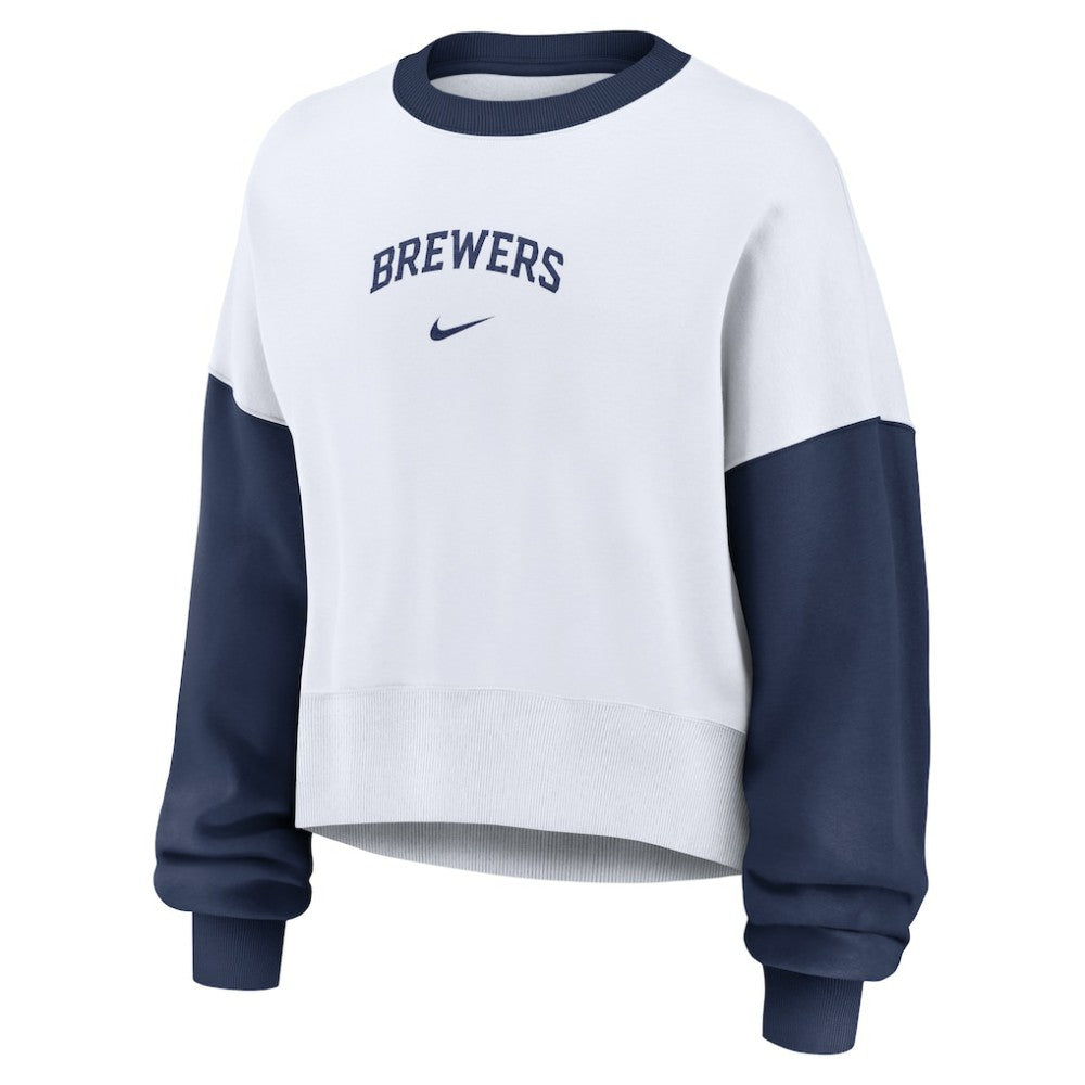 Milwaukee Brewers Women's Oversized High Hip Fleece Sweatshirt - White/Navy | Nike