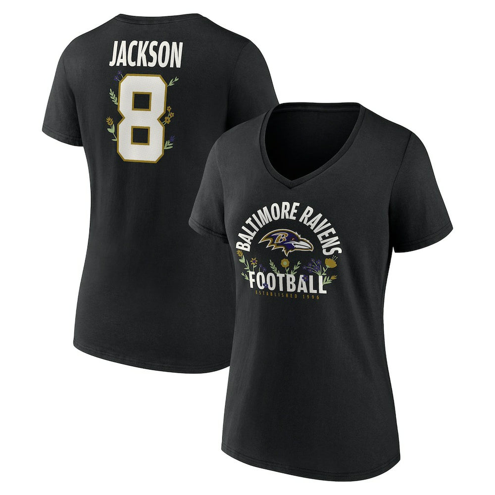 NFL Baltimore Ravens Lamar Jackson  Women's Floral Name & Number V-Neck T-Shirt