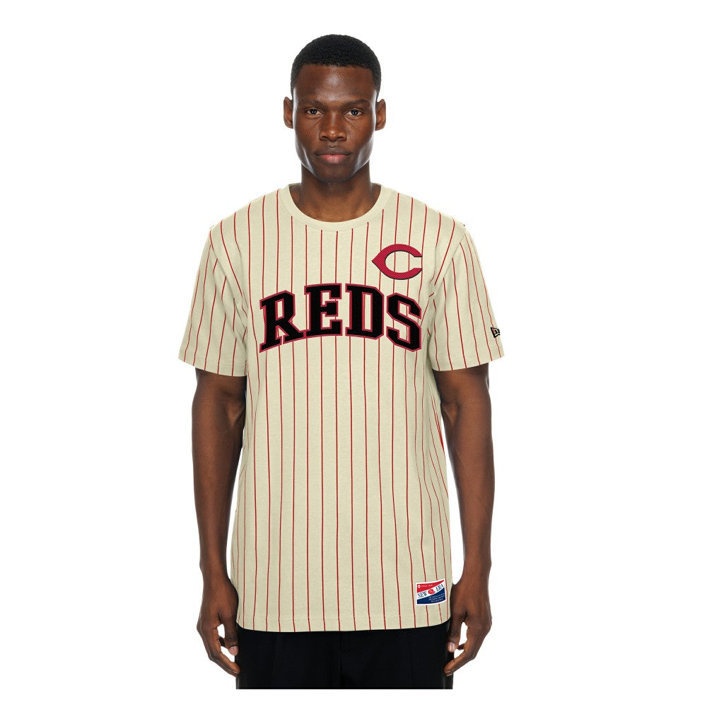 Cincinnati Reds Throwback Meshback Pinstripe T-Shirt - Cream | New Era