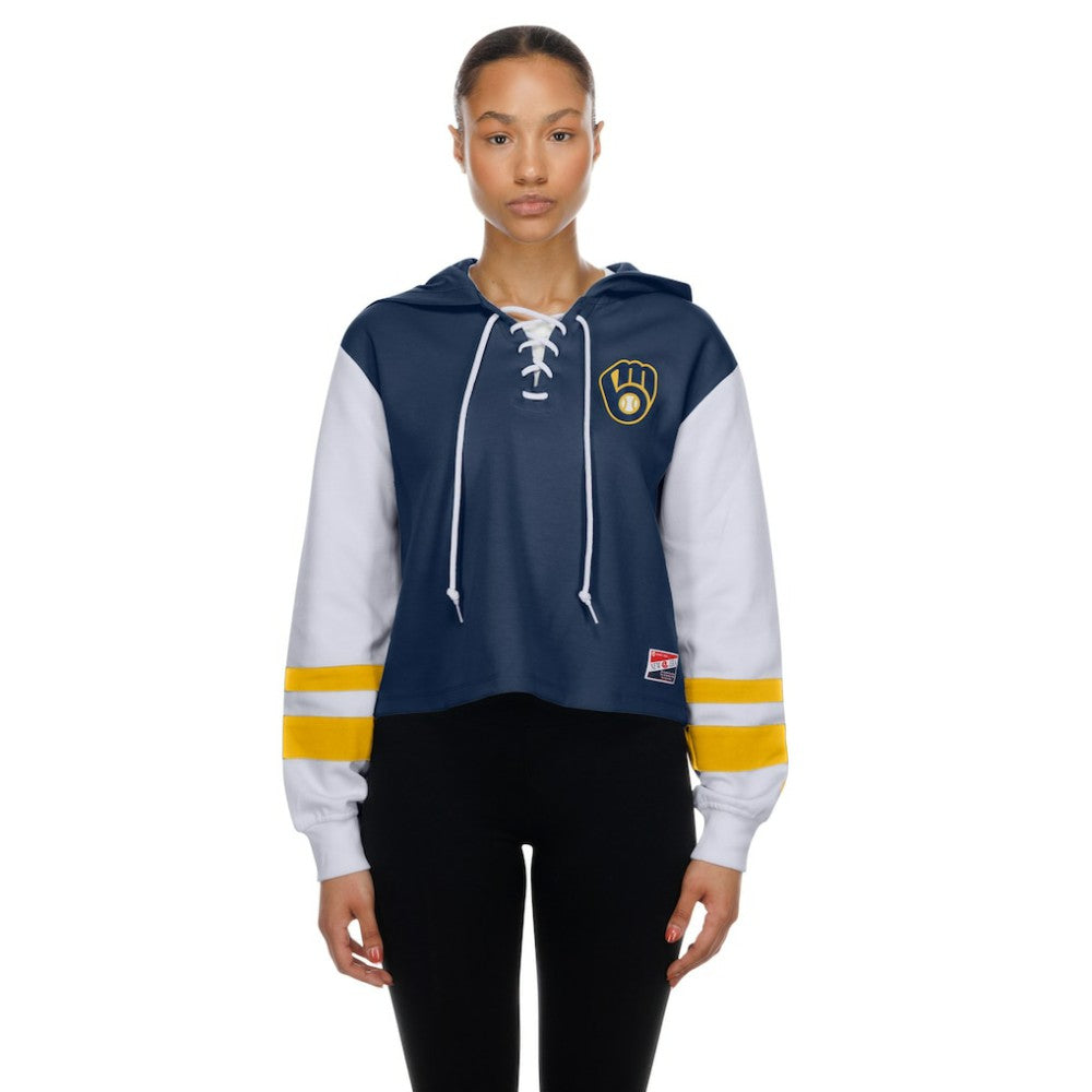 Milwaukee Brewers Women's Boxy Lace-Up Hoodie - Navy | New Era