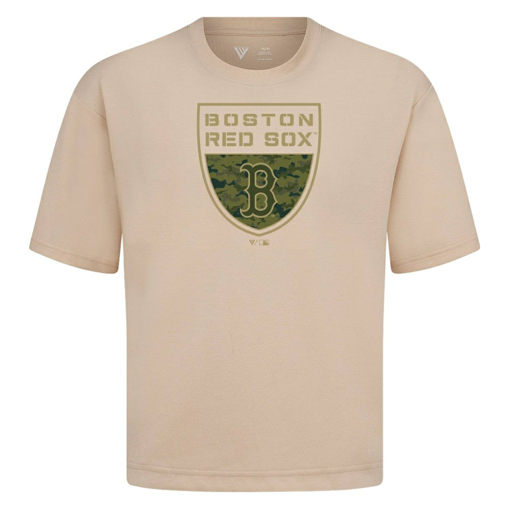 Boston Red Sox Levelwear Oversized Luxe Signature Knit Buckler T-Shirt - Khaki