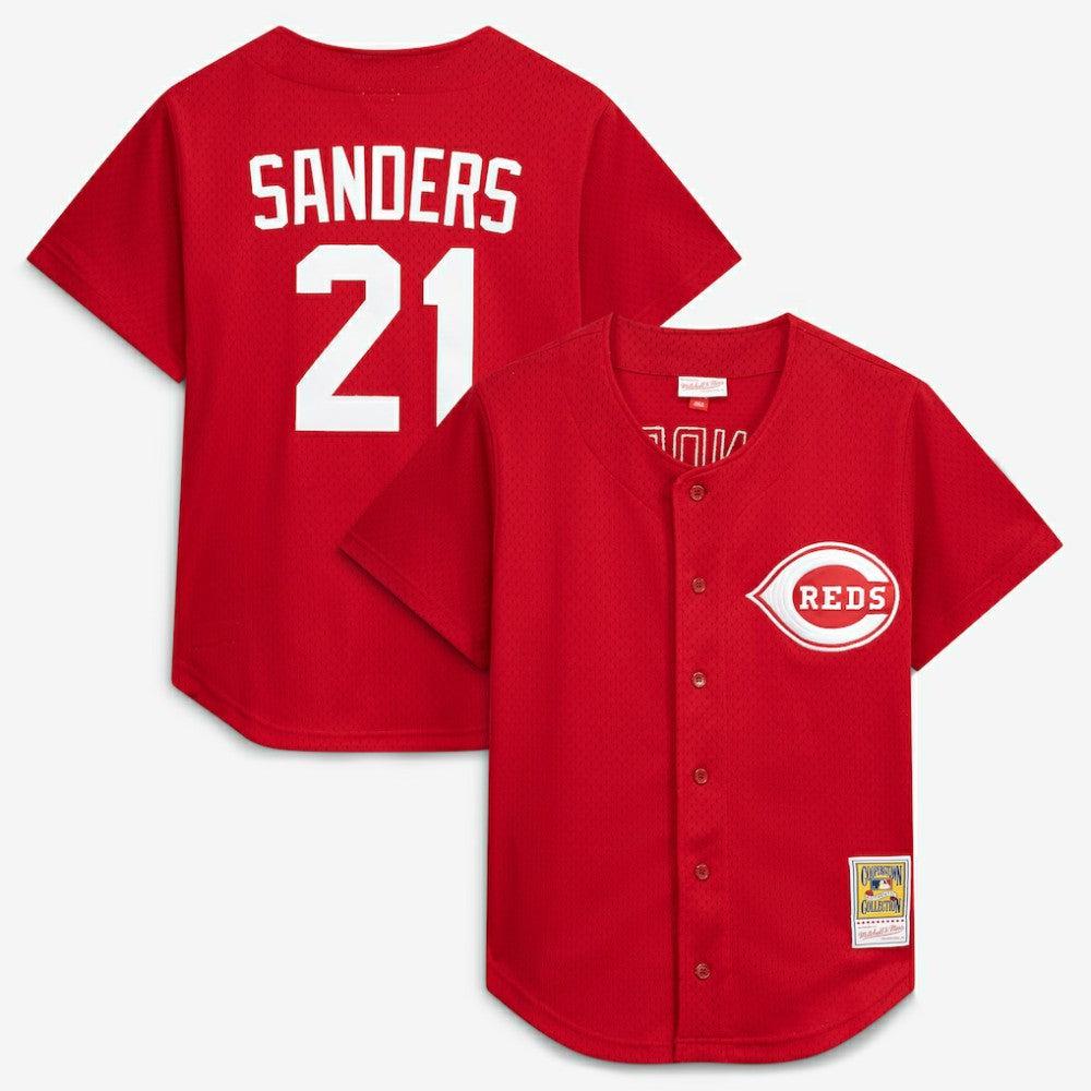 Deion Sanders Cincinnati Reds Cooperstown Mesh Batting Practice Button-Up Jersey - Red | Mitchell & Ness