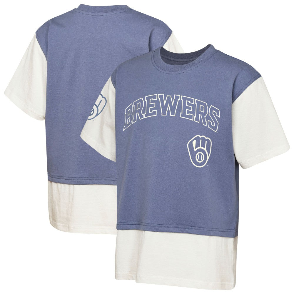 Milwaukee Brewers Outerstuff Youth Ultimate Pastels Premium Double Run T-Shirt - Navy/Cream