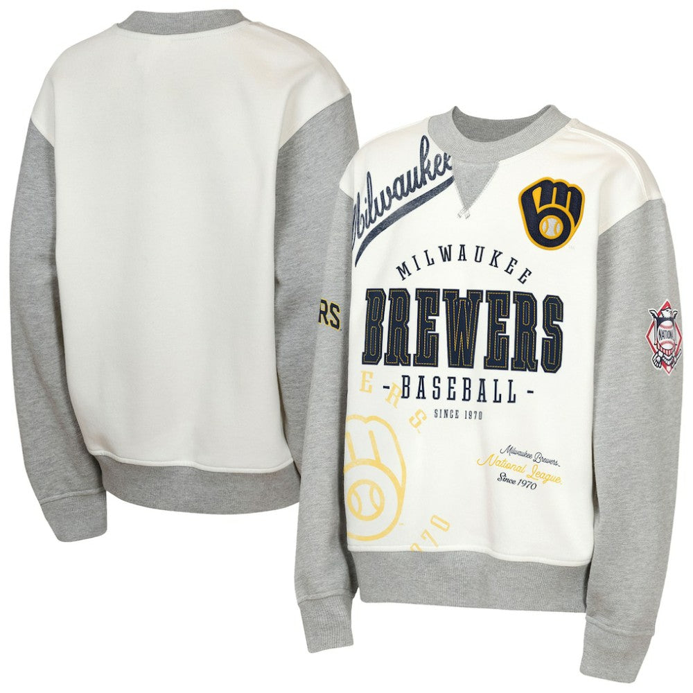Milwaukee Brewers Outerstuff Youth Big League Power Hit Fleece Sweatshirt - Cream/Gray