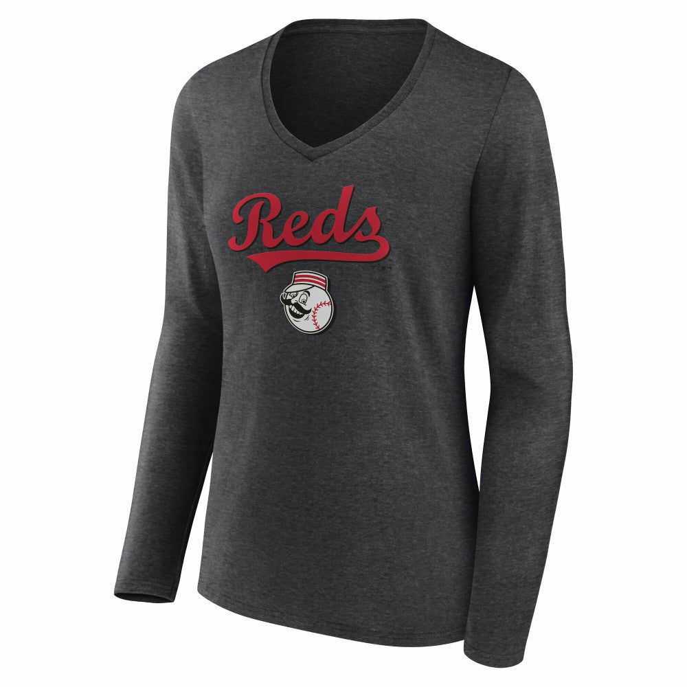 Cincinnati Reds Women's Team Lockup Long Sleeve V-Neck T-Shirt - Charcoal