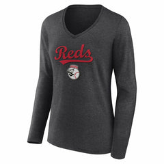 Cincinnati Reds Women's Team Lockup Long Sleeve V-Neck T-Shirt - Charcoal