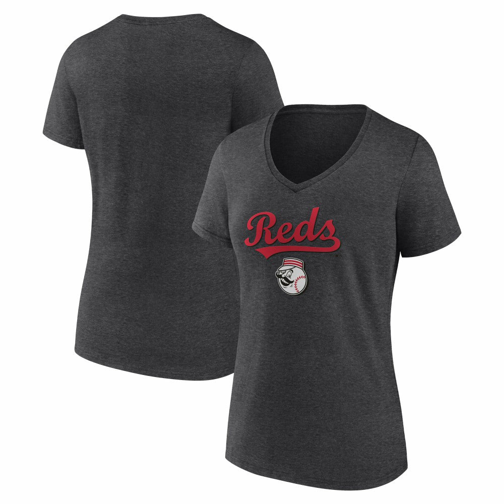 Cincinnati Reds Women's Team Lockup V-Neck T-Shirt - Charcoal