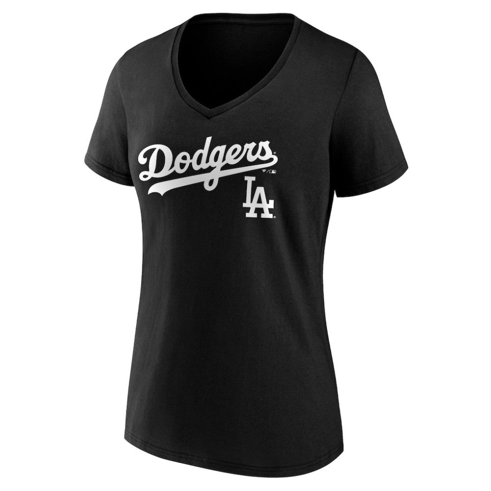 Los Angeles Dodgers Women's Team Lockup V-Neck T-Shirt - Black