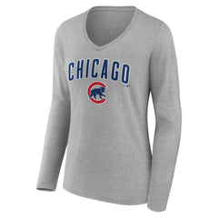 Chicago Cubs Women's Team Lockup Long Sleeve V-Neck T-Shirt - Gray