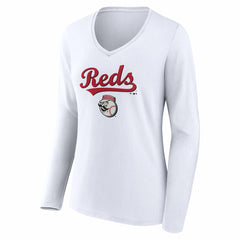 Cincinnati Reds Women's Team Lockup Long Sleeve V-Neck T-Shirt - White