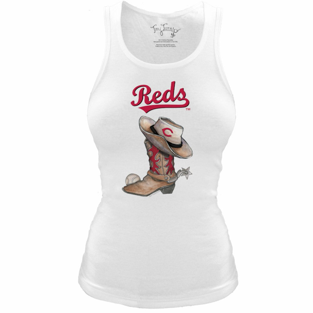 Cincinnati Reds Tiny Turnip Women's Fitted Vintage Cowboy Boot Tri-Blend Tank Top - White