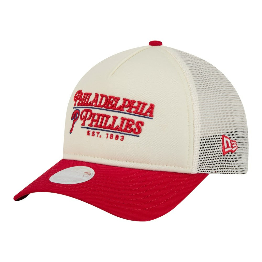 Philadelphia Phillies Women's Retro 9FORTY M-Crown A-Frame Trucker Adjustable Hat - Light Beige/Red | New Era