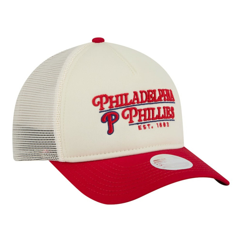 Philadelphia Phillies Women's Retro 9FORTY M-Crown A-Frame Trucker Adjustable Hat - Light Beige/Red | New Era
