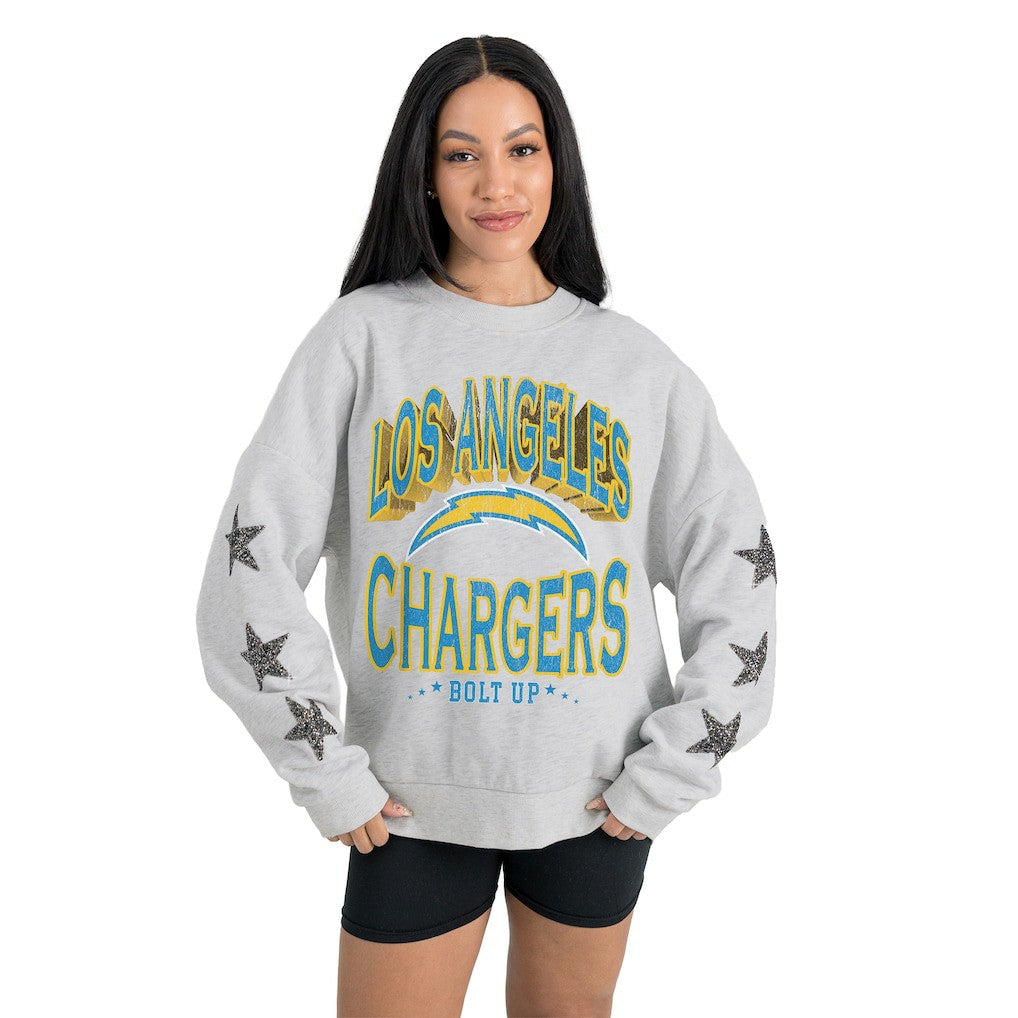 NFL Los Angeles Chargers Gameday Couture Women's Resilience Relaxed Rhinestone Pullover Sweatshirt