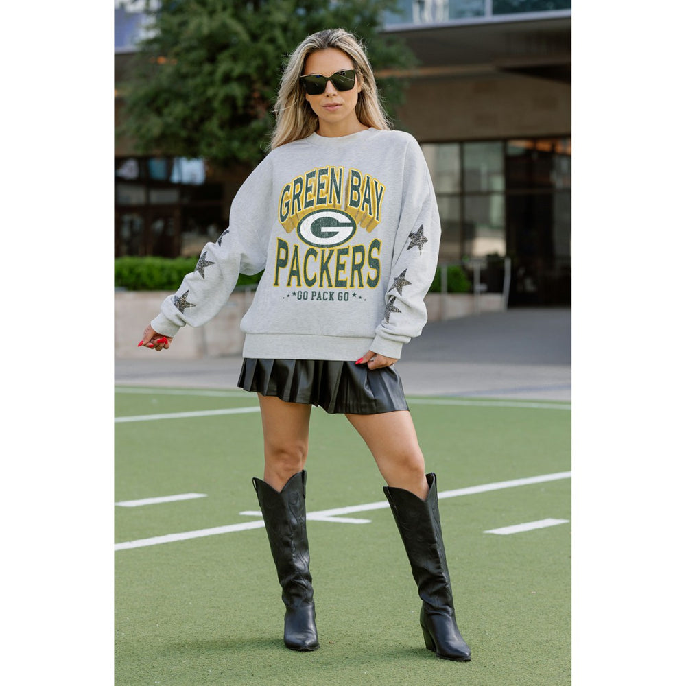 NFL Green Bay Packers Gameday Couture Women's Resilience Relaxed Rhinestone Pullover Sweatshirt