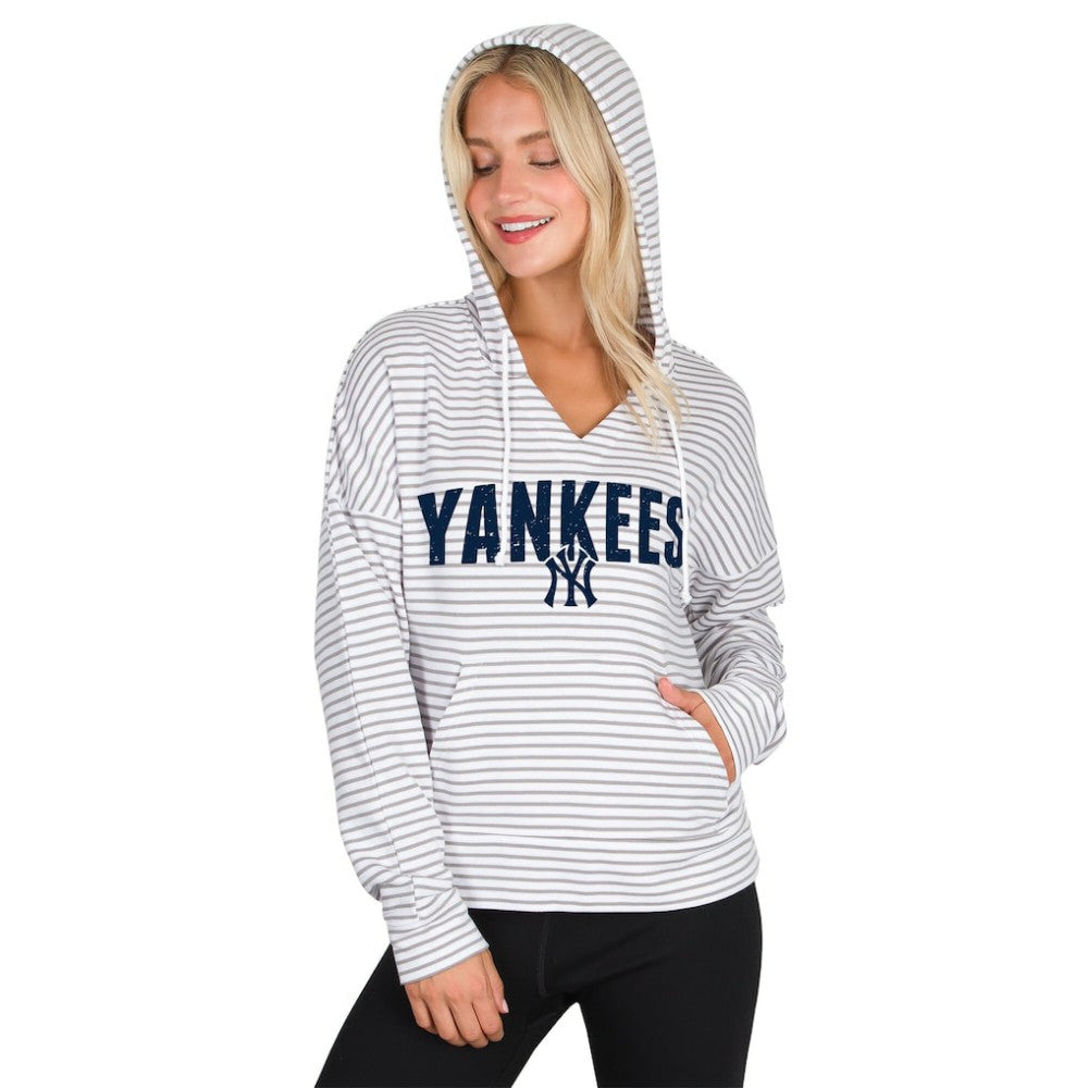 New York Yankees Concepts Sport Women's Liftoff Striped V-Neck Hoodie - White/Gray