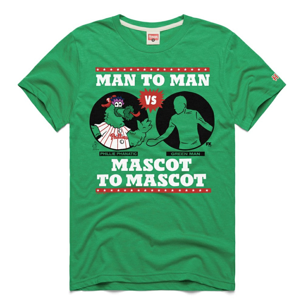 Philadelphia Phillies x It's Always Sunny in Philadelphia Homage Male Adult Phillie Phanatic vs Green Man T-Shirt - Green