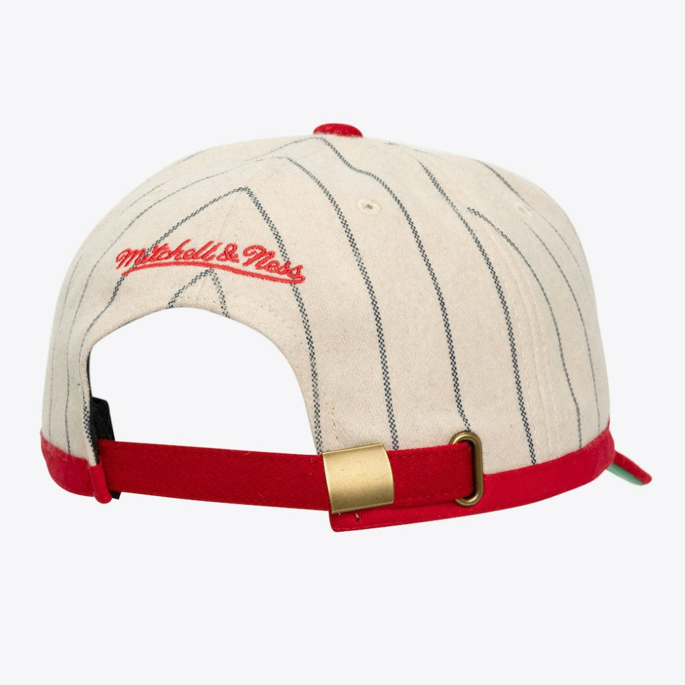 Cincinnati Reds Unisex Vintage Ground Melton Wool Pinstripe Adjustable Hat - Cream | Mitchell & Ness