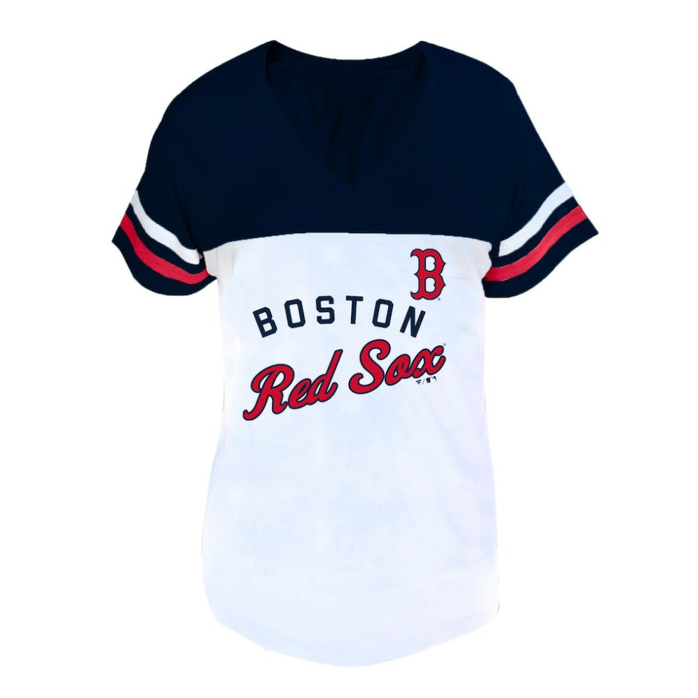Boston Red Sox Profile Women's Plus Size Two-Stripe V-Neck T-Shirt - White/Navy