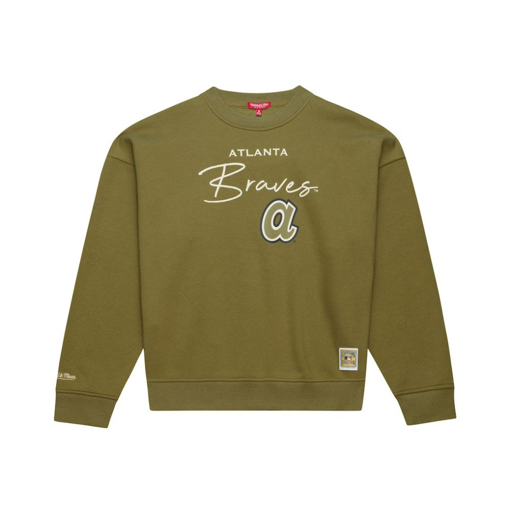 Atlanta Braves Women's Oversized Crewneck Sweatshirt - Olive | Mitchell & Ness