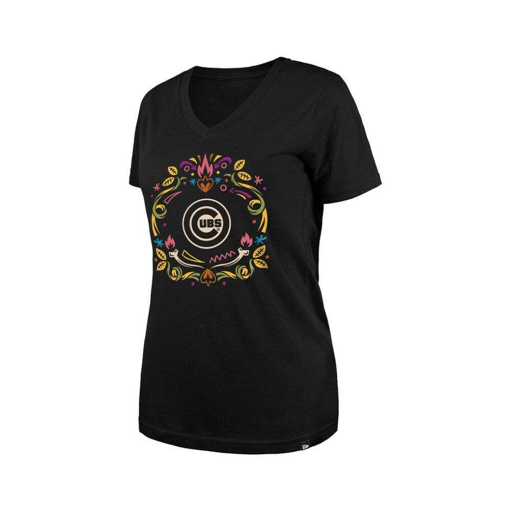 Chicago Cubs Women's Día de los Muertos V-Neck T-Shirt - Black | New Era