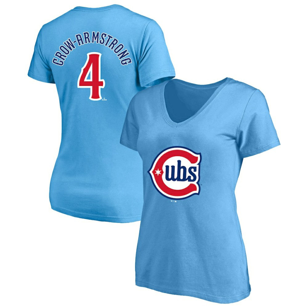 Pete Crow-Armstrong Chicago Cubs Profile Women's Plus Size Name & Number V-Neck T-Shirt - Light Blue