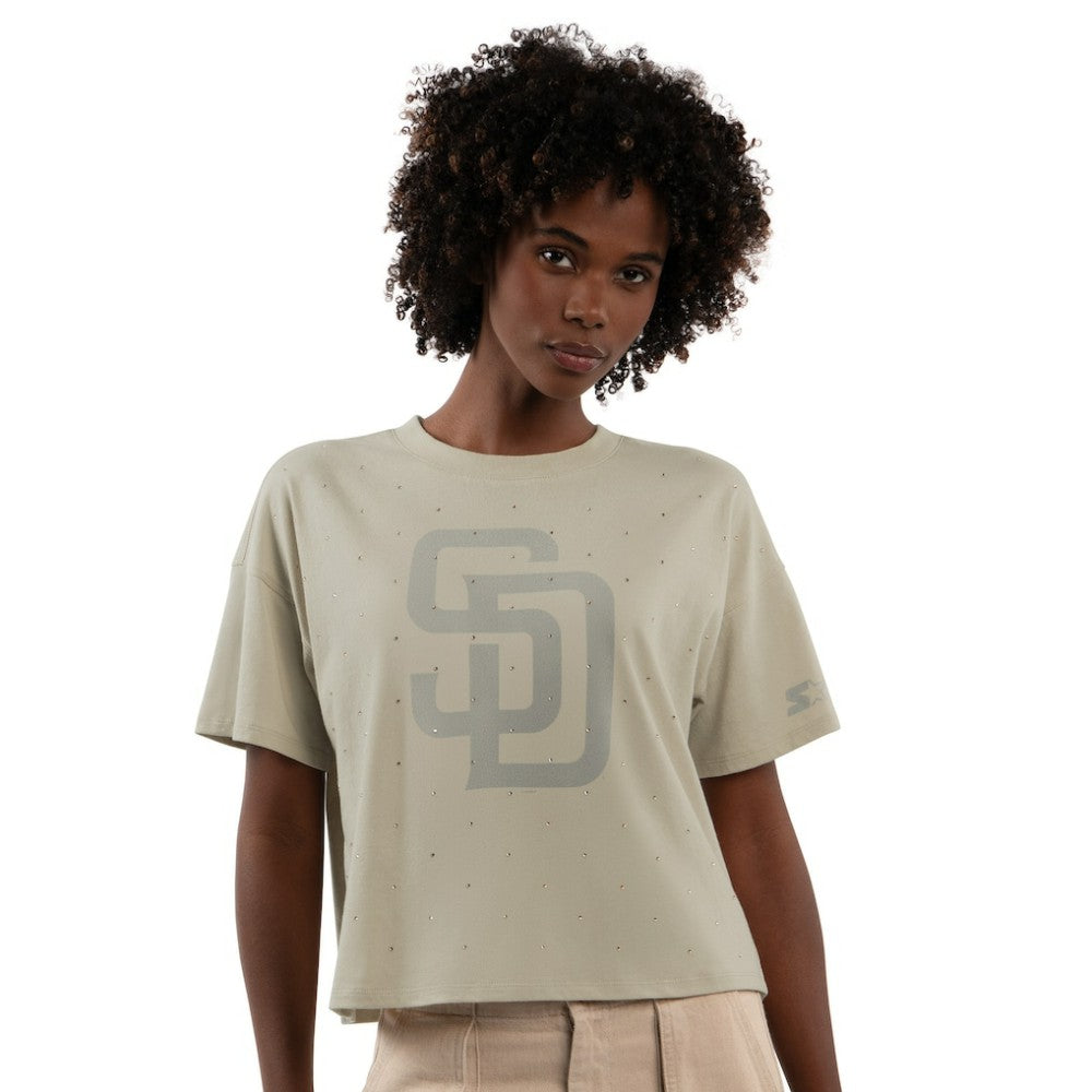 San Diego Padres Starter Women's Rhinestone Sprinkle Boxy Cropped T-Shirt - Khaki