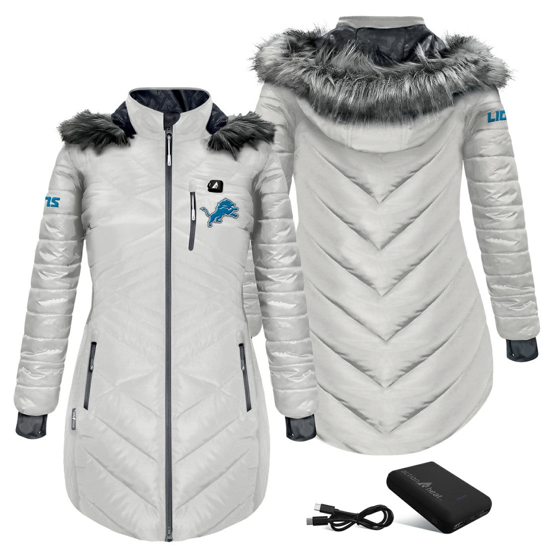 NFL Detroit Lions ActionHeat Women's 5V Battery Heated Long Puffer Full-Zip Hoodie Jacket