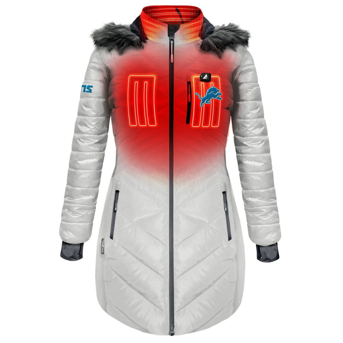 NFL Detroit Lions ActionHeat Women's 5V Battery Heated Long Puffer Full-Zip Hoodie Jacket