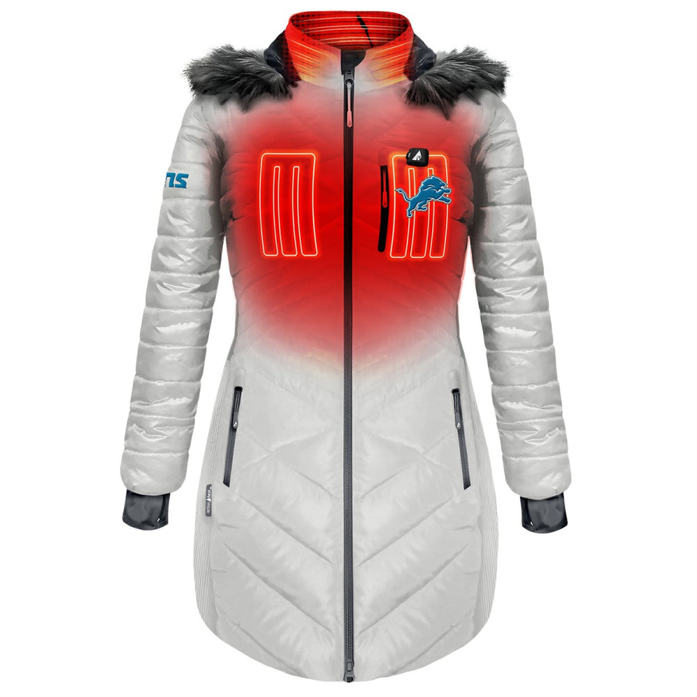 NFL Detroit Lions ActionHeat Women's 5V Battery Heated Long Puffer Full-Zip Hoodie Jacket
