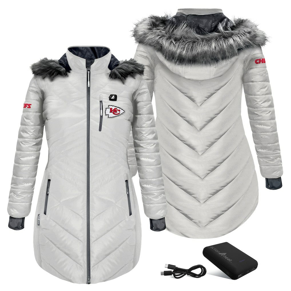 NFL Kansas City Chiefs ActionHeat Women's 5V Battery Heated Long Puffer Full-Zip Hoodie Jacket