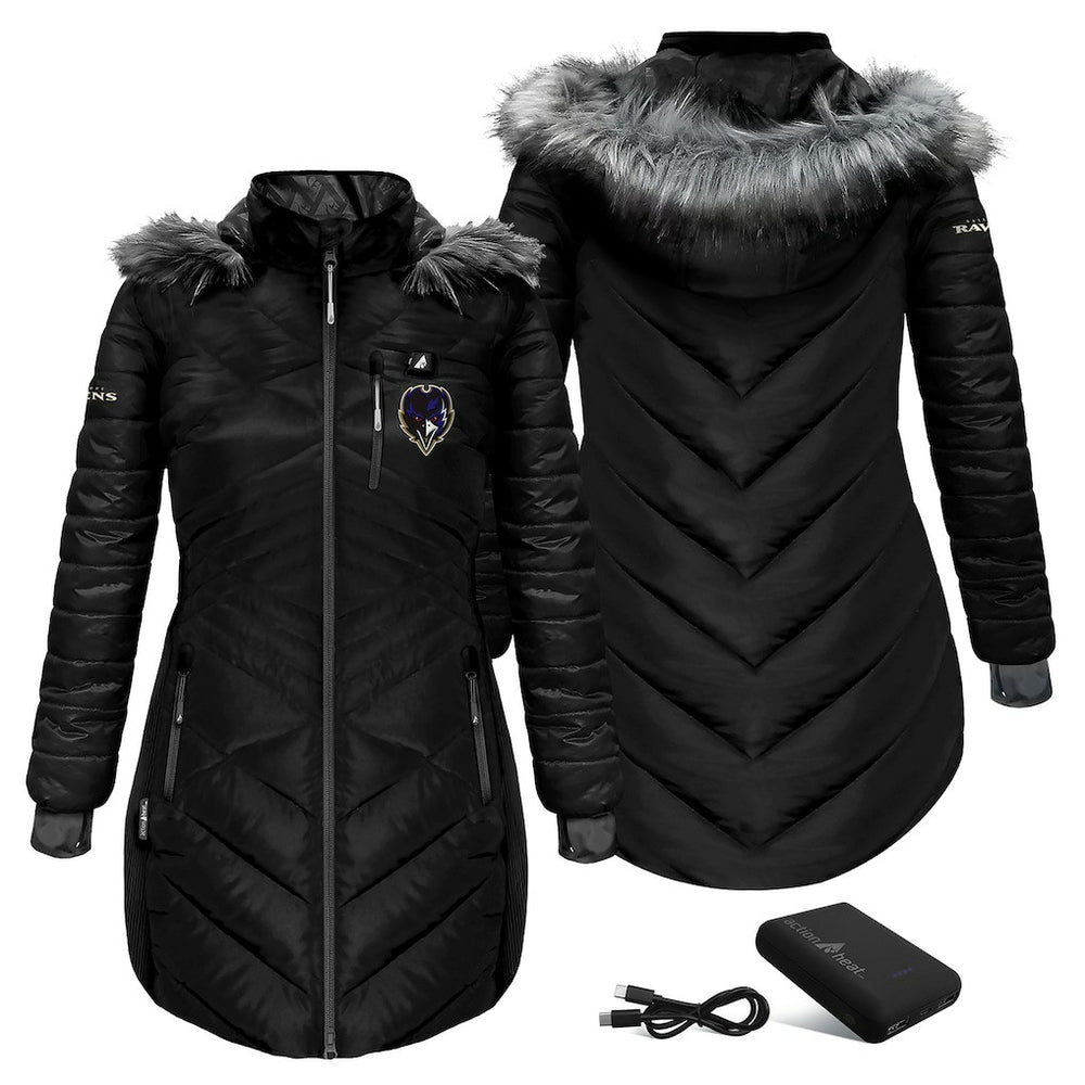 NFL Baltimore Ravens ActionHeat Women's 5V Battery Heated Long Puffer Full-Zip Hoodie Jacket