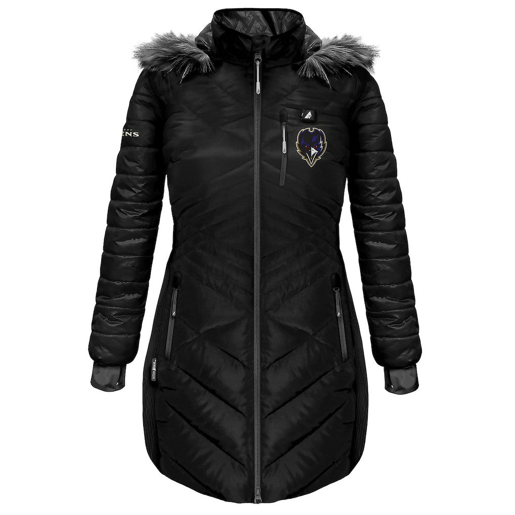 NFL Baltimore Ravens ActionHeat Women's 5V Battery Heated Long Puffer Full-Zip Hoodie Jacket