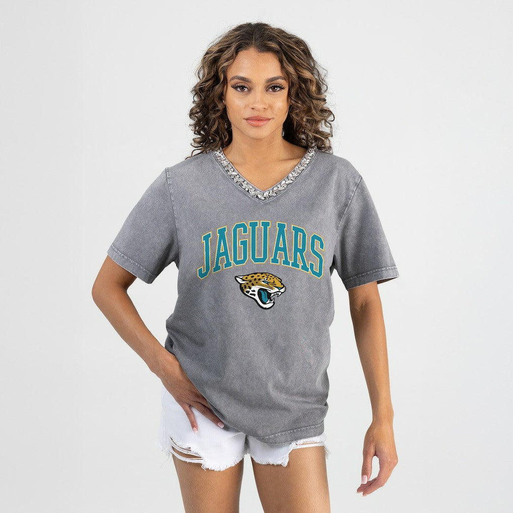 NFL Jacksonville Jaguars Gameday Couture Women's Relaxed Iconic Edge Rhinestone V-Neck T-Shirt